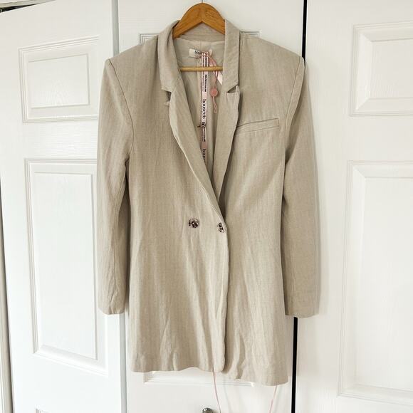 NWT House of CB Colette Linen Blazer Dress Oatmeal Beige Small Belted Wrap Mini - Picture 3 of 10